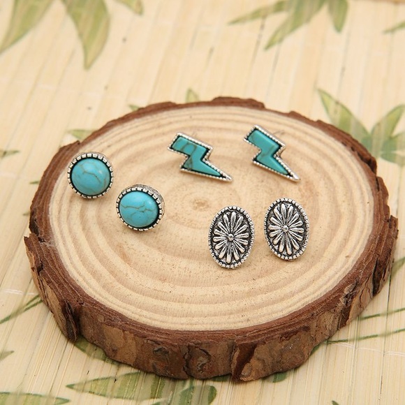 Lightning Bolt Western Boho Faux turquoise Blue stud style Silver Earrings - Picture 3 of 4